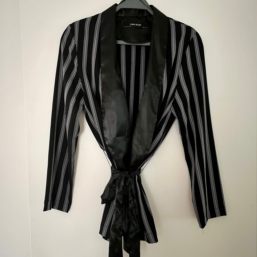ZARA | Black and White Striped Satin Blazer